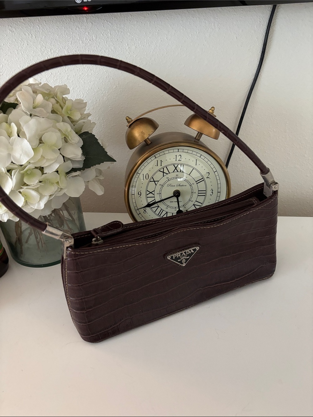 Prada Dark Brown Croc-Embossed Shoulder Bag